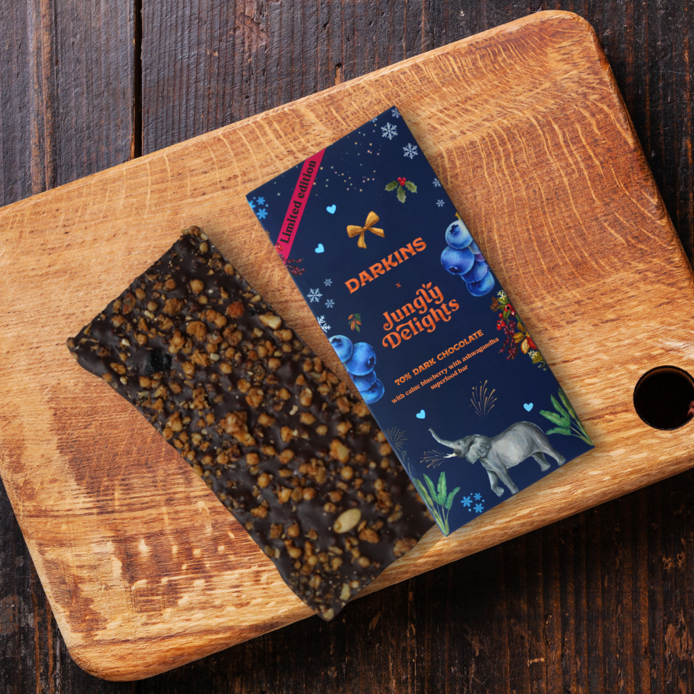 
                    
                      70% Dark Chocolate with calm: blueberry with ashwagandha superfood bar
                    
                  